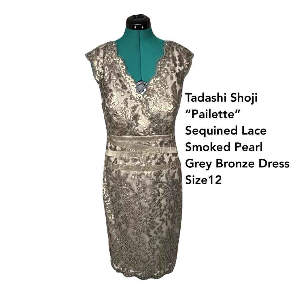 Tadashi Shoji Pailette Sequined Lace Smoked Pearl Grey/Bronze Sheath Dress